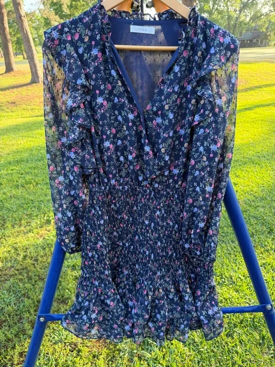 Lush Floral Smocked Mini Dress Medium Navy Blue Ruffle Long Sleeve Cottagecore - Picture 1 of 8